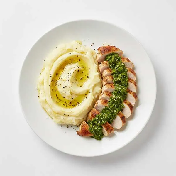 Zhoug sauce chicken with olive oil mashed potatoes